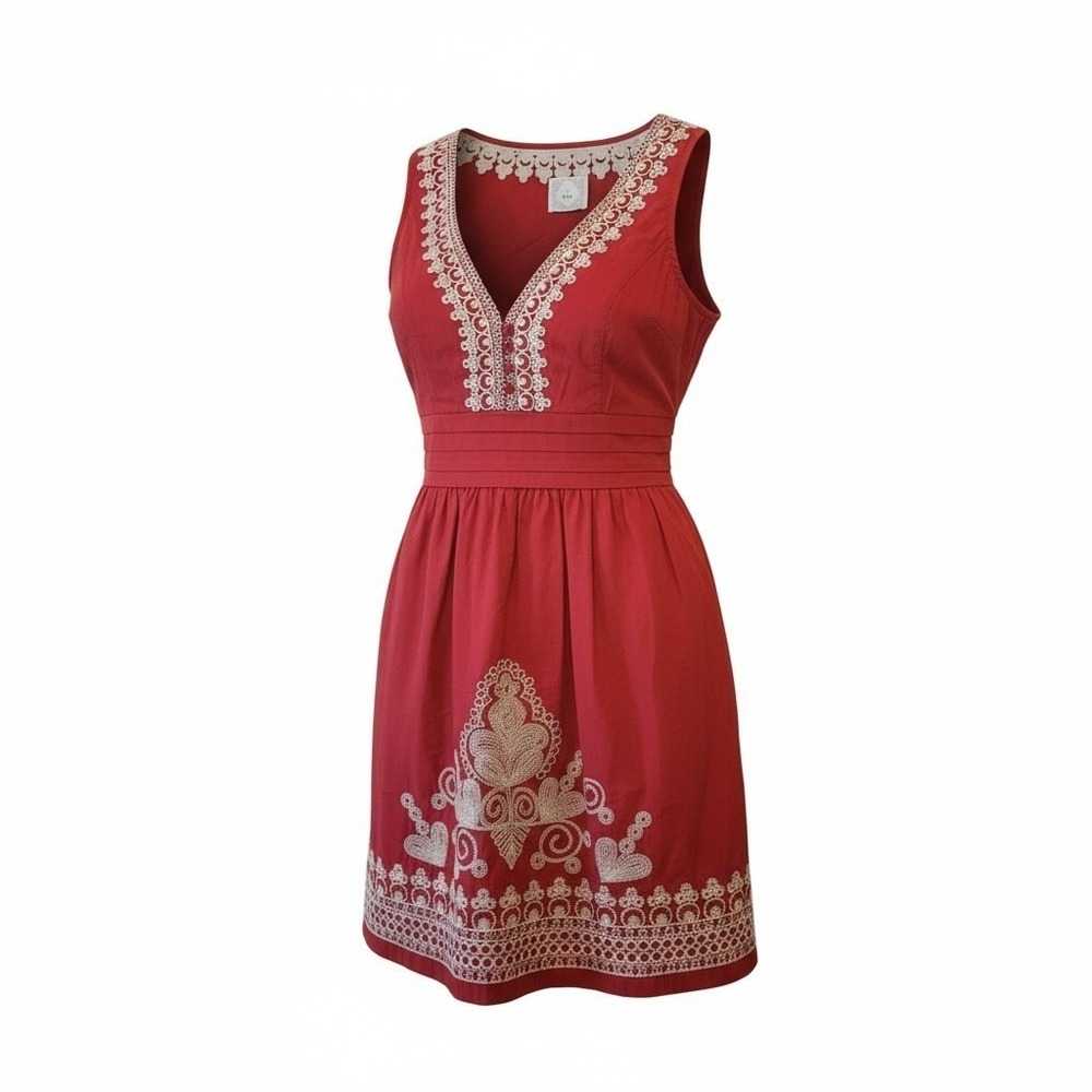 VTG 2000s Women's Embroidered Red Cotton Boho Dress Small White Trim
